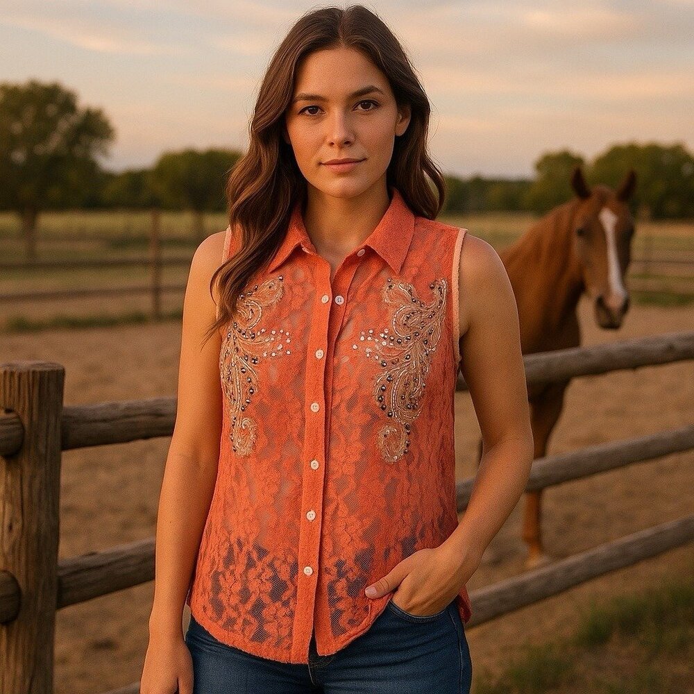 Y2K Miss Me Bohoโ Rhinestone Lace Button up Blouse Cottagecore Rodeo Country L